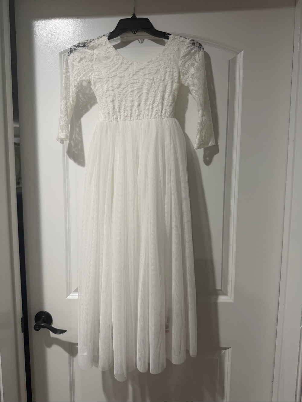 Ivory Lace & Tulle Girls Formal Dress with Three-Quarter Sleeves